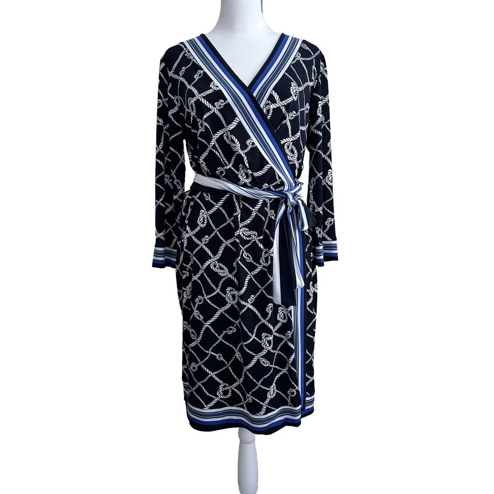 NY&Co Jersey Faux Wrap Dress Nautical Navy Blue White 3/4 sleeve V-Neck Rope M